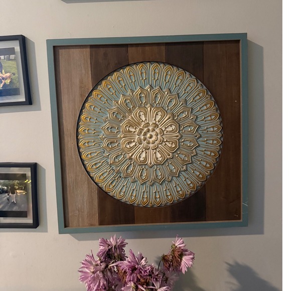 Round Mandala Wall Art Teal Gold Wood Plank Square Frame 24 Inch Decor - Picture 2 of 6